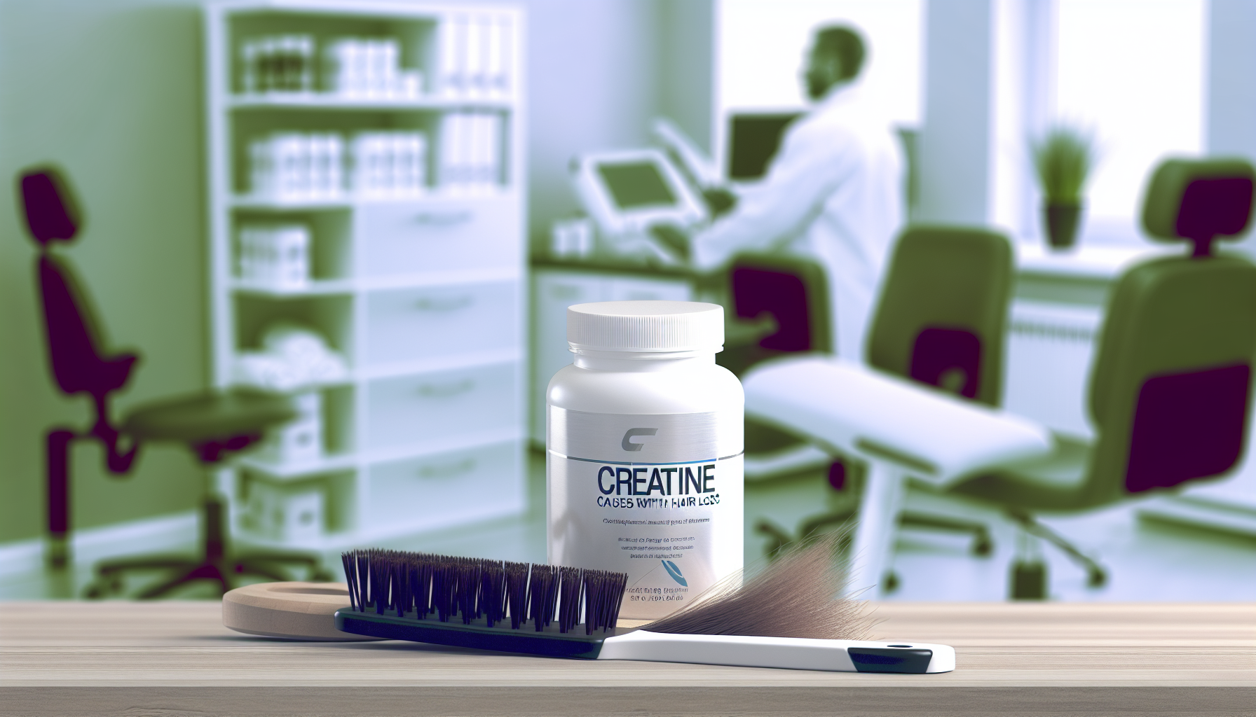 Illustration of creatine supplement bottle with hair strands concept.