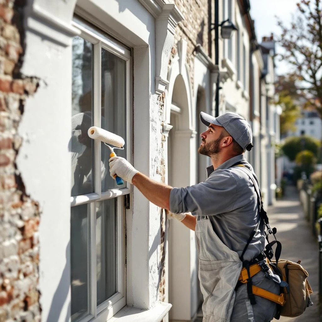 A man, paint rolling a window???